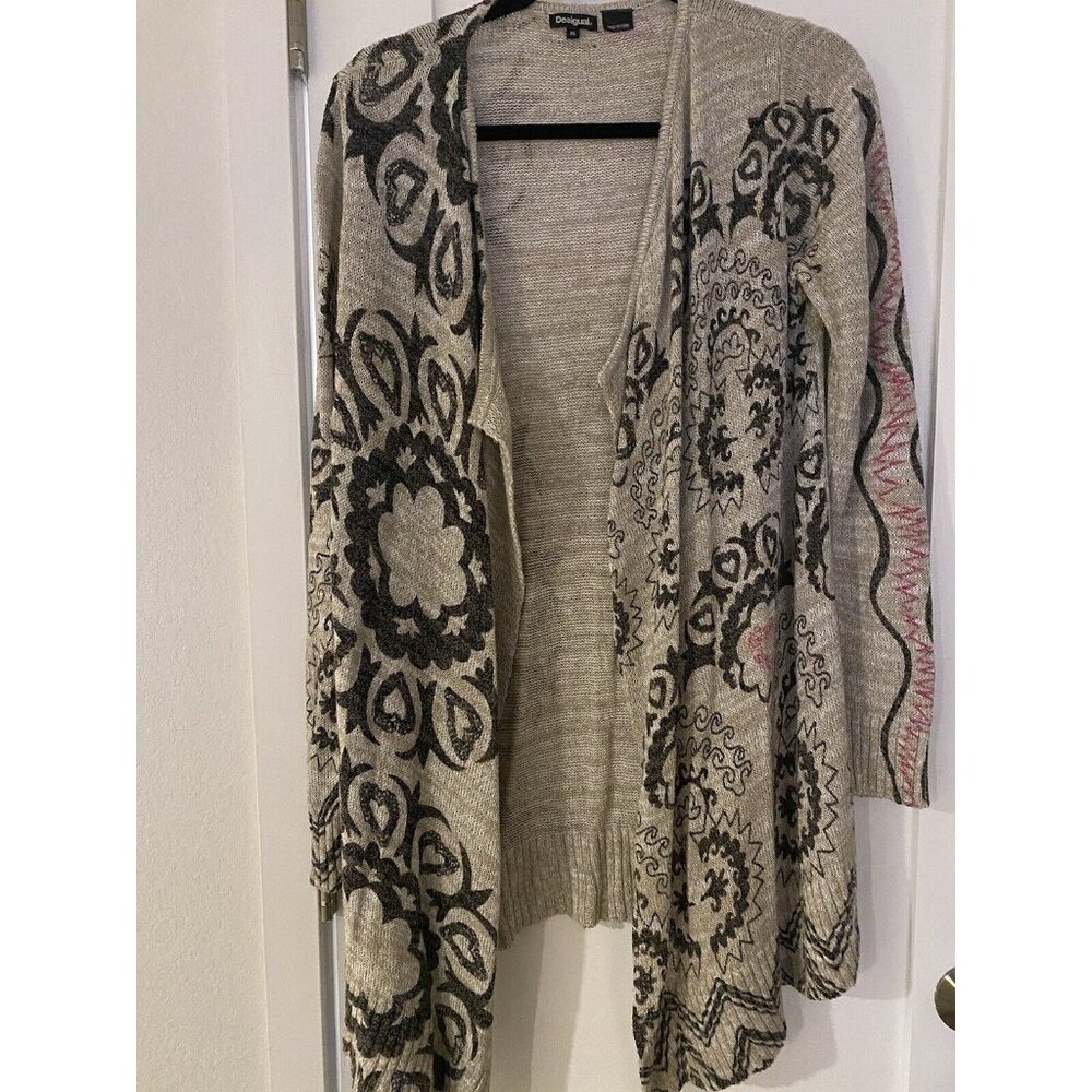 Desigual Womens Cardigan XL Open Front Drape Boho Hearts Artsy